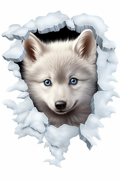 arafed white dog with blue eyes looking through a hole in the wall generative ai