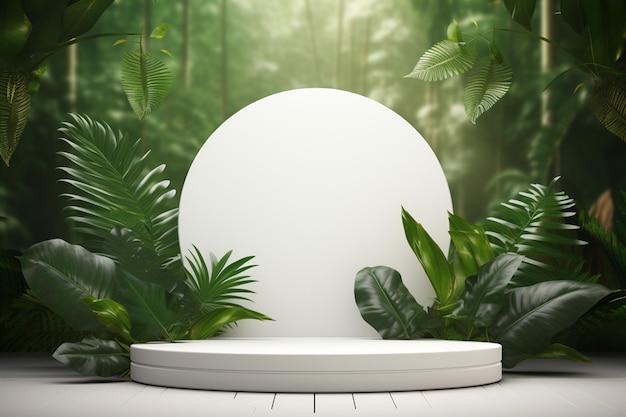 Arafed white round platform surrounded by green plants and trees generative ai