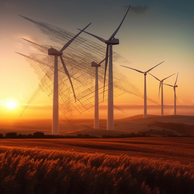 Arafed windmills in a field at sunset with a sky background generative ai