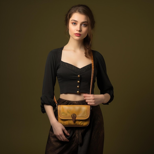 Arafed Woman In Black Top And Brown Skirt Holding A Brown Purse