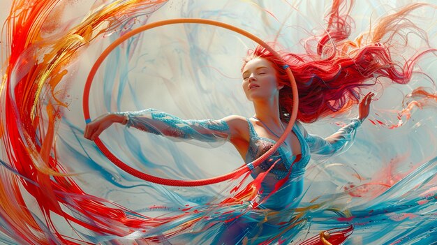 Photo arafed woman in a blue dress spinning a red and blue hoop generative ai