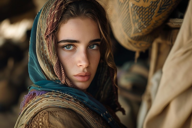 Arafed woman in a blue scarf and a brown jacket