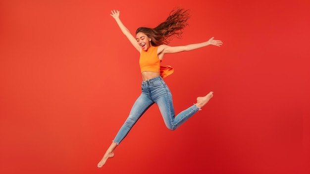 Photo arafed woman in a bright orange top jumping in the air generative ai