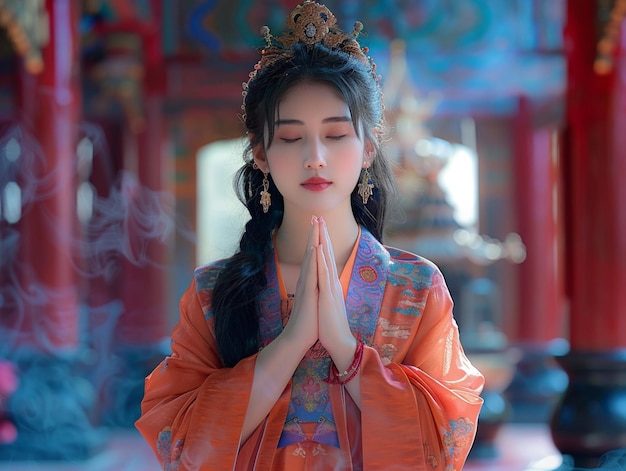 arafed woman in a chinese dress is praying in a temple generative ai