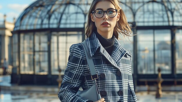 Photo arafed woman in a coat and glasses standing in front of a building