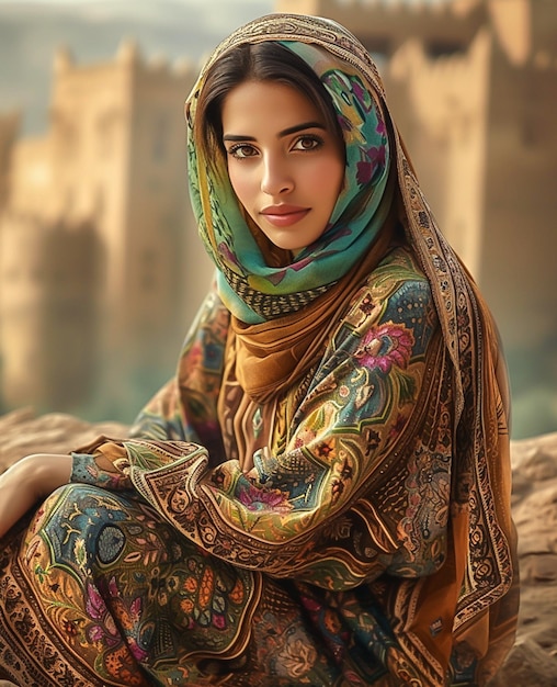 Arafed woman in a colorful shawl sitting on a rock