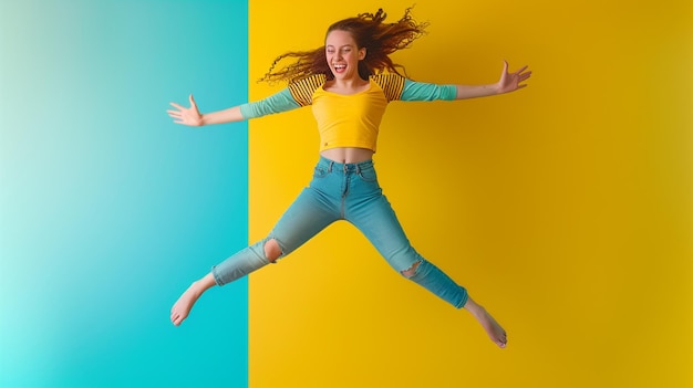 Photo arafed woman jumping in the air with her arms outstretched generative ai