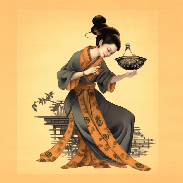 Arafed woman in a kimono dress holding a bowl of food generative ai