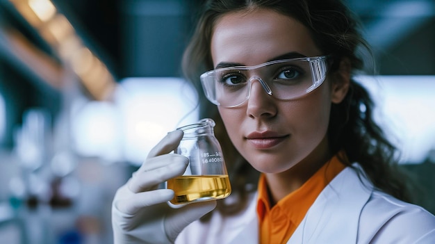 Arafed woman in a lab coat holding a glass of liquid