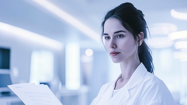 Arafed woman in a lab coat holding a piece of paper