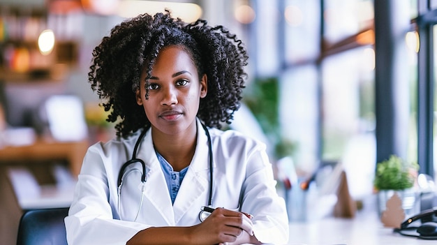 Arafed woman in a lab coat sitting at a desk with a laptop