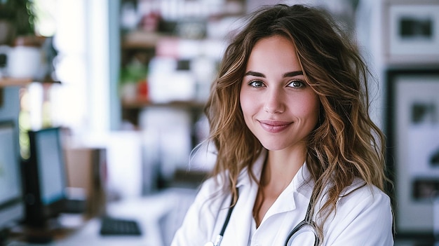 Arafed woman in a lab coat standing in front of a computer