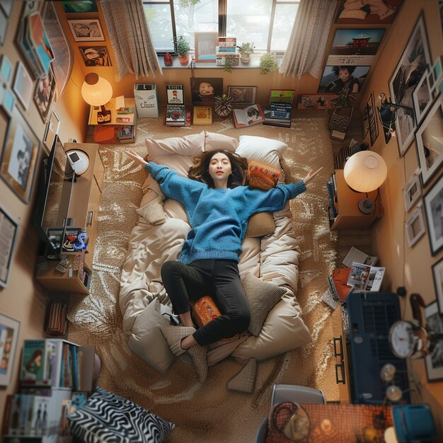 Photo arafed woman laying on a bed in a room with a lot of pictures generative ai