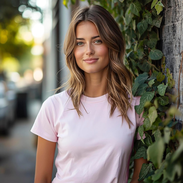 Arafed woman leaning against a wall with ivy growing on it Pink clothing mockup