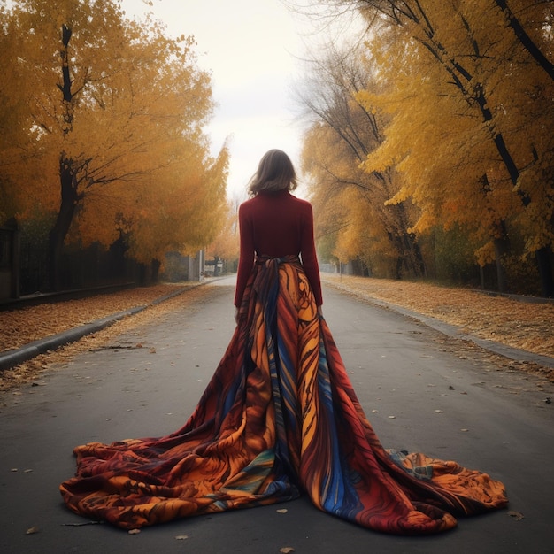 arafed woman in a long dress standing on a road generative ai