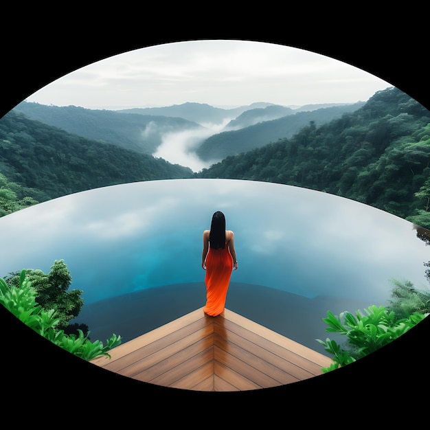 Photo arafed woman in orange dress standing on a wooden deck overlooking a pool