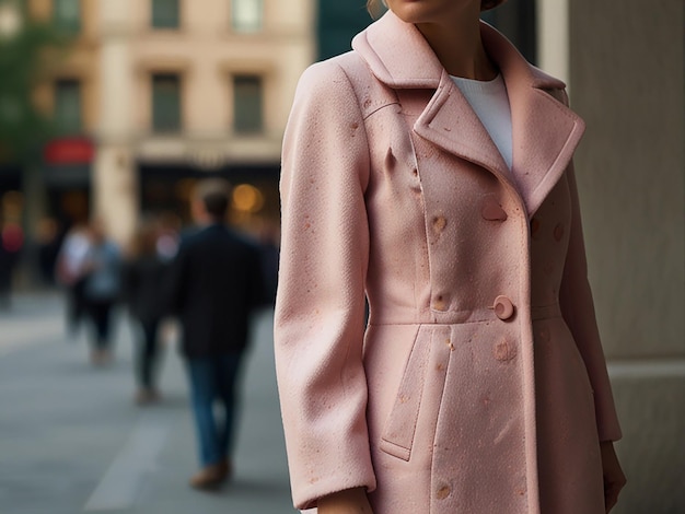 Photo arafed woman in pink coat and white blouse standing in front of a painting