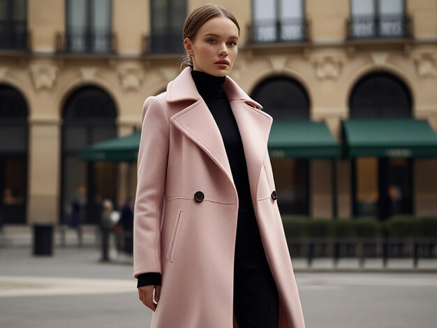 Photo arafed woman in pink coat and white blouse standing in front of a painting