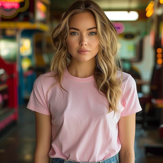 Arafed woman in a pink shirt and jeans posing for a picture Pink tshirt mockup generator