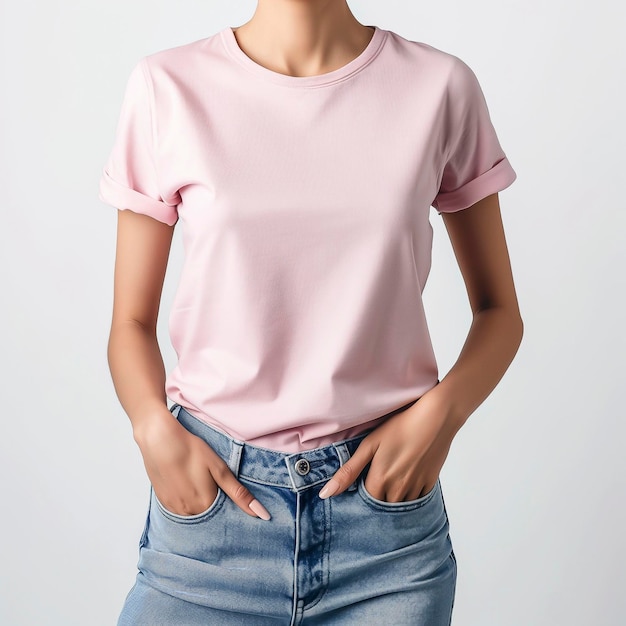 Arafed woman in a pink shirt and jeans posing for a picture Pink tshirt mockup retail