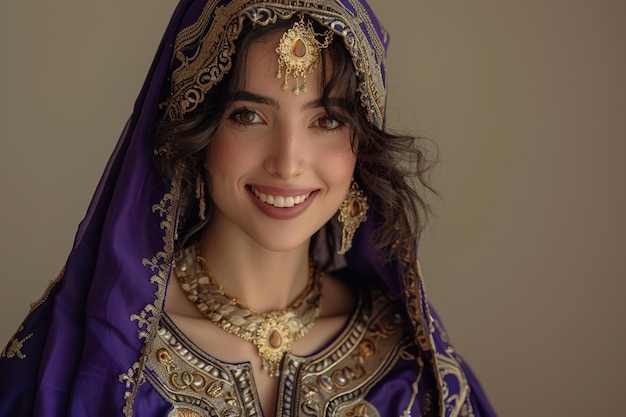 arafed woman in a purple dress and gold jewelry smiling generative ai