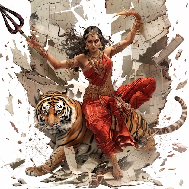 arafed woman in red dress riding a tiger with a pair of scissors generative ai