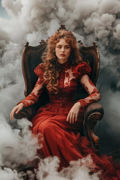 arafed woman in red dress sitting in chair with smoke coming out of her mouth generative ai