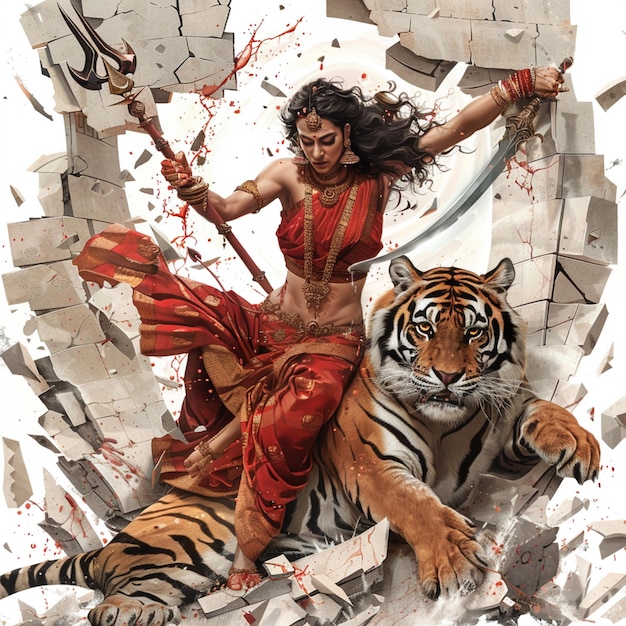 arafed woman in red dress with sword and tiger in front of a wall generative ai