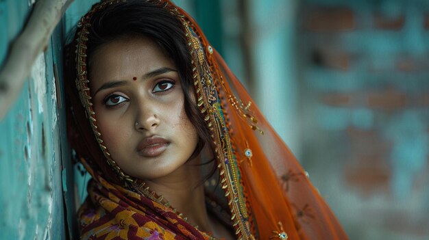 arafed woman in a red and orange sari looking at the camera generative ai