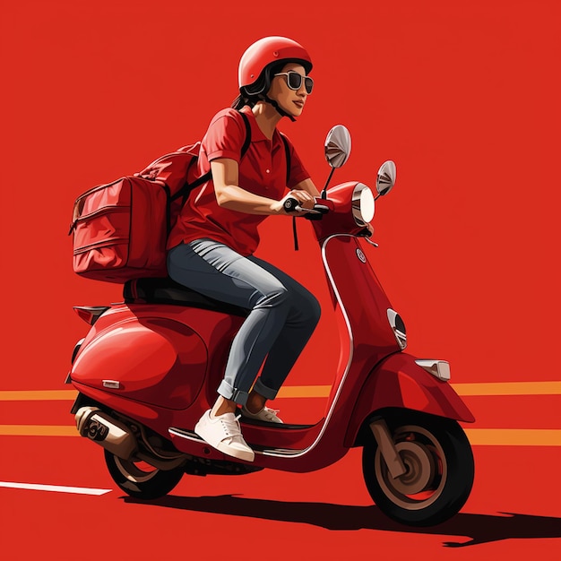 arafed woman riding a red scooter with a red helmet generative ai