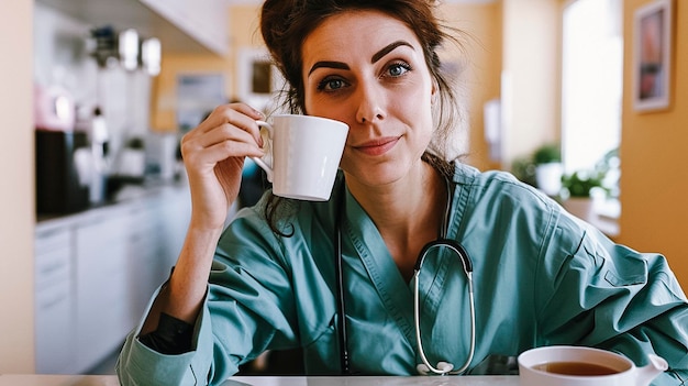 Arafed woman in scrubs drinking from a cup of coffee