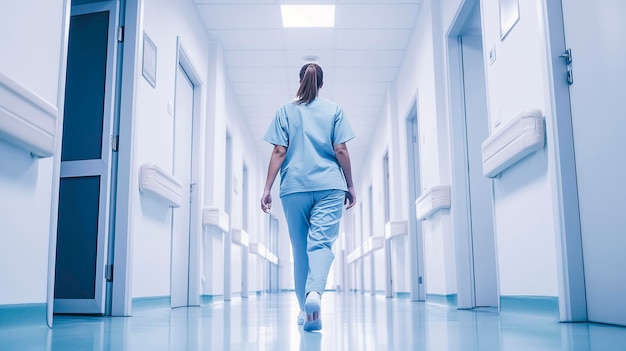 Arafed woman in scrubs walking down a hospital hallway