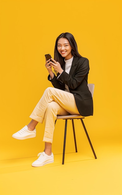 arafed woman sitting on a chair using a cell phone generative ai