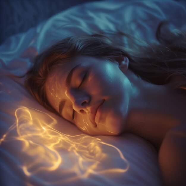 arafed woman sleeping in bed with light shining on her face generative ai