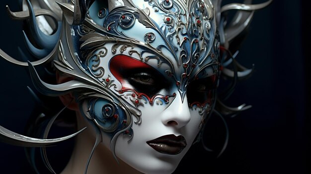 arafed woman wearing a silver and red mask with silver decorations generative ai