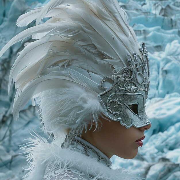 Photo arafed woman wearing a white feathered mask and a silver feathered mask generative ai