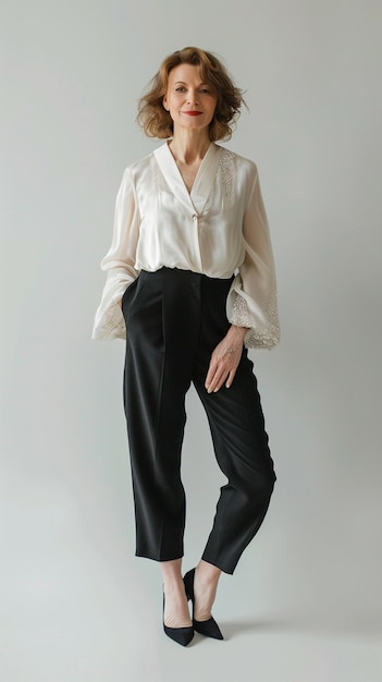 arafed woman in a white blouse and black pants posing for a picture generative ai