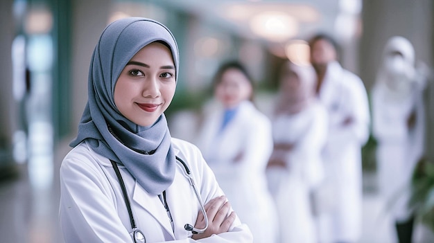 Arafed woman in a white coat and a headscarf with a stethoscope