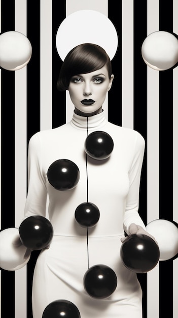 Photo arafed woman in a white dress and a white hat with black balls generative ai