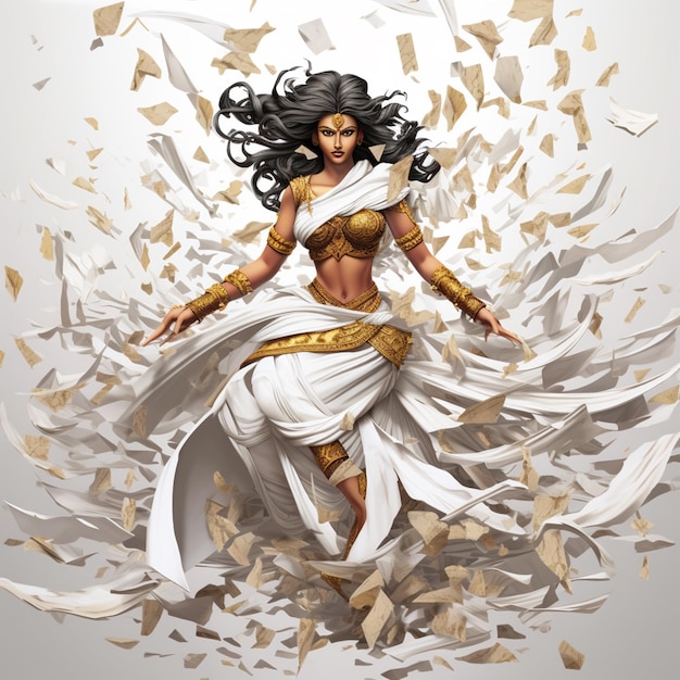 arafed woman in a white dress with gold accents and a flowing skirt generative ai