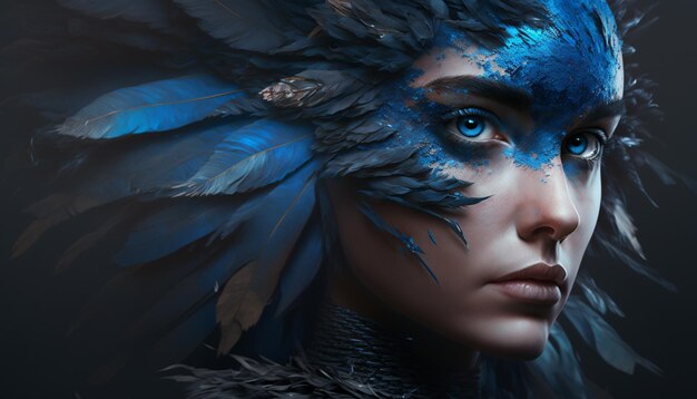 arafed woman with blue feathers and feathers on her head generative ai