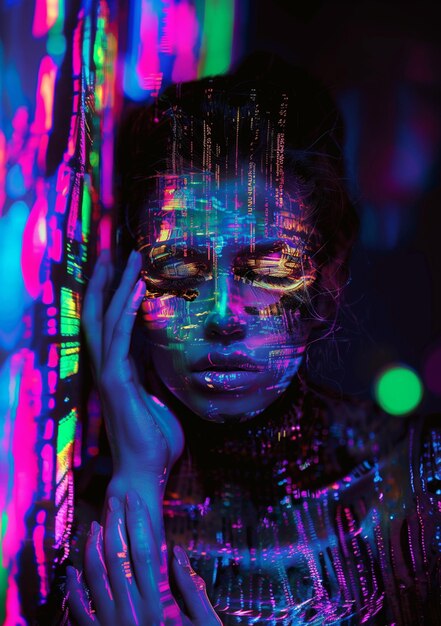 arafed woman with a face painted with neon lights generative ai