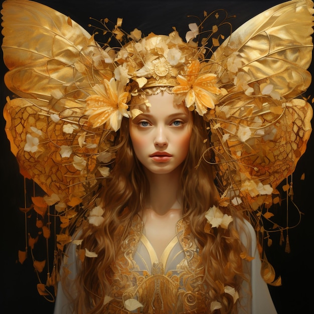 Arafed woman with golden wings and flowers in her hair generative ai