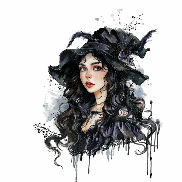 arafed woman with long black hair wearing a black hat generative ai