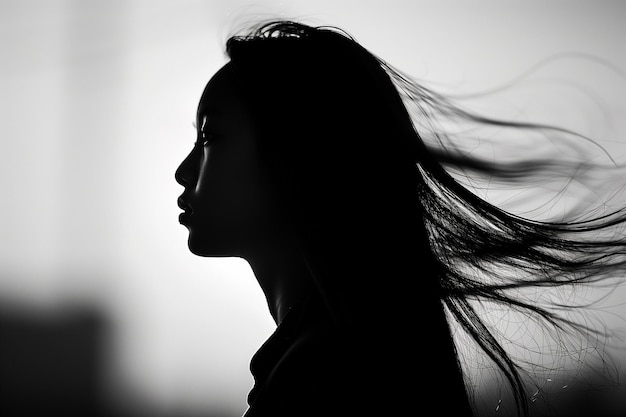 arafed woman with long hair in profile in front of a window generative ai