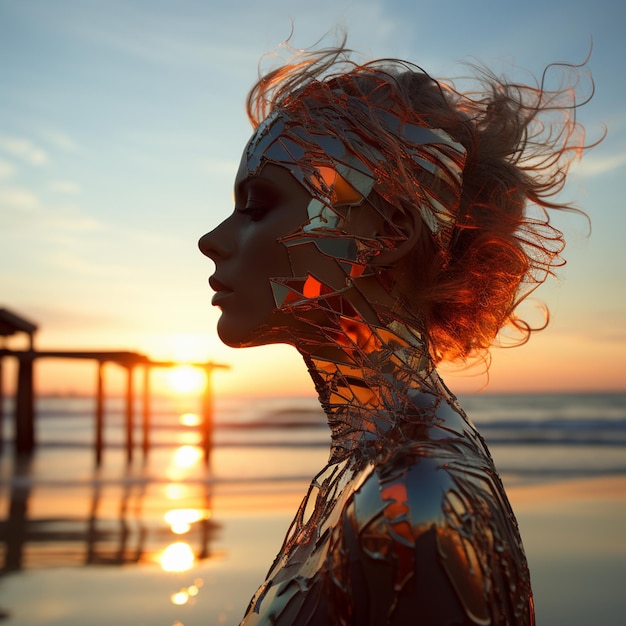 arafed woman with a metallic bodysuit on standing on the beach generative ai