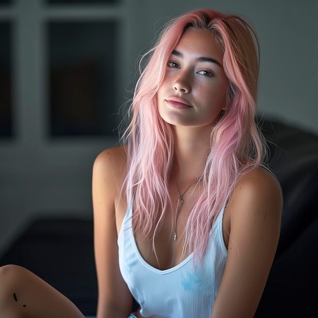 Arafed woman with pink hair sitting on a couch in a room Pink tshirt mockup exhibition