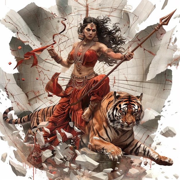 arafed woman with a spear and a tiger in a red dress generative ai