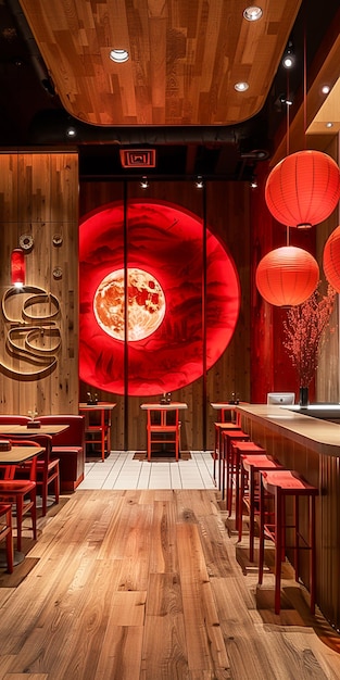 Arafed wood paneled wall with red lanterns and red stools