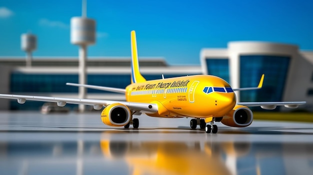 Arafed yellow airplane on runway with building in background generative ai